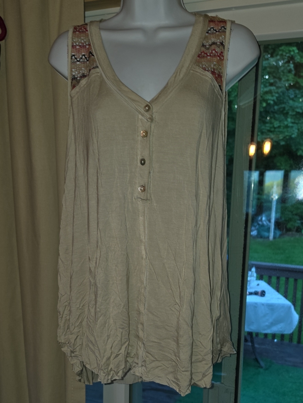 POL Beige Tank with Multicolor Embroidered Shoulder Panels
